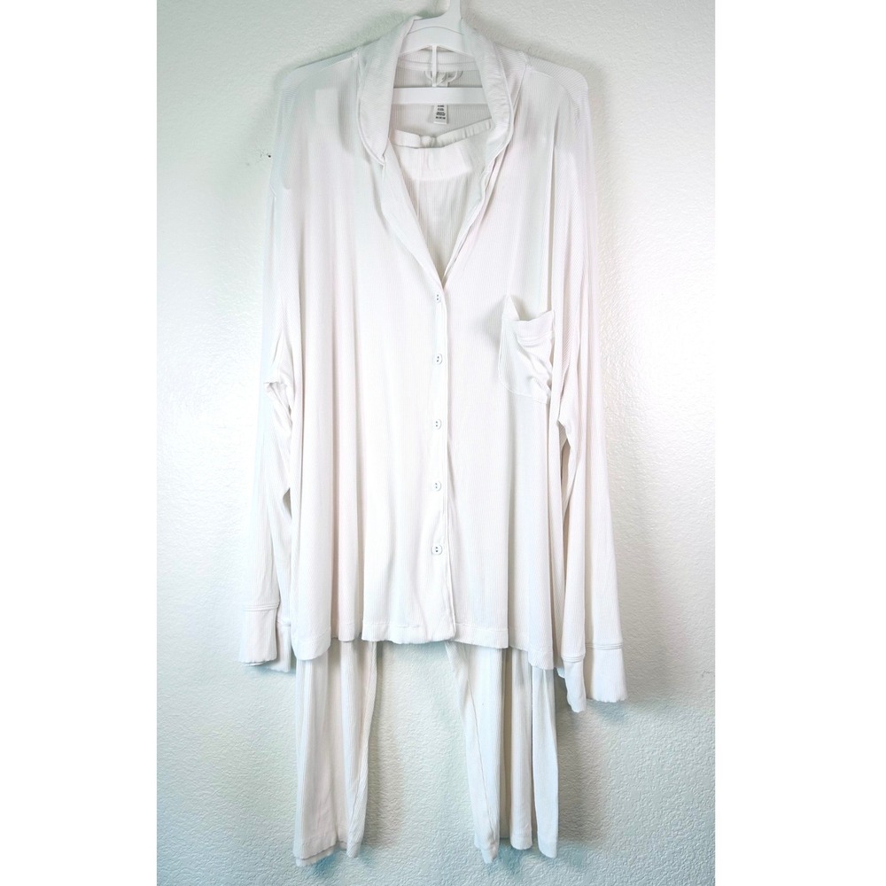 Skims Sleep Lounge Set White Ribbed Modal Long Sleeve Top and Pants Plus SZ 3X